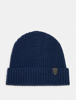 NEW Coach Embossed Rib Knit Merino Wool Navy Beanie Hat New with Tag