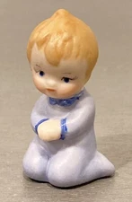 Vintage Artisan Miniature Ceramic Porcelain Doll 1.75” Kneeling Boy in Pajamas