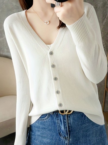 Autumn Women Cardigans Single V-neck Solid Knitted Sweater Slim Female - Picture 28 of 28