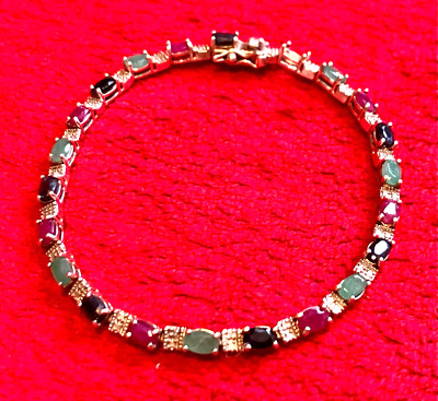 SMARAGD RUBIN SAPHIR EDELSTEIN STERLINGSILBER ARMBAND ** 1 STEIN FEHLT ** MG