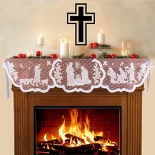 Lace Mantle Scarf for Christmas Winter Holiday Fireplace Decorations - White Chr