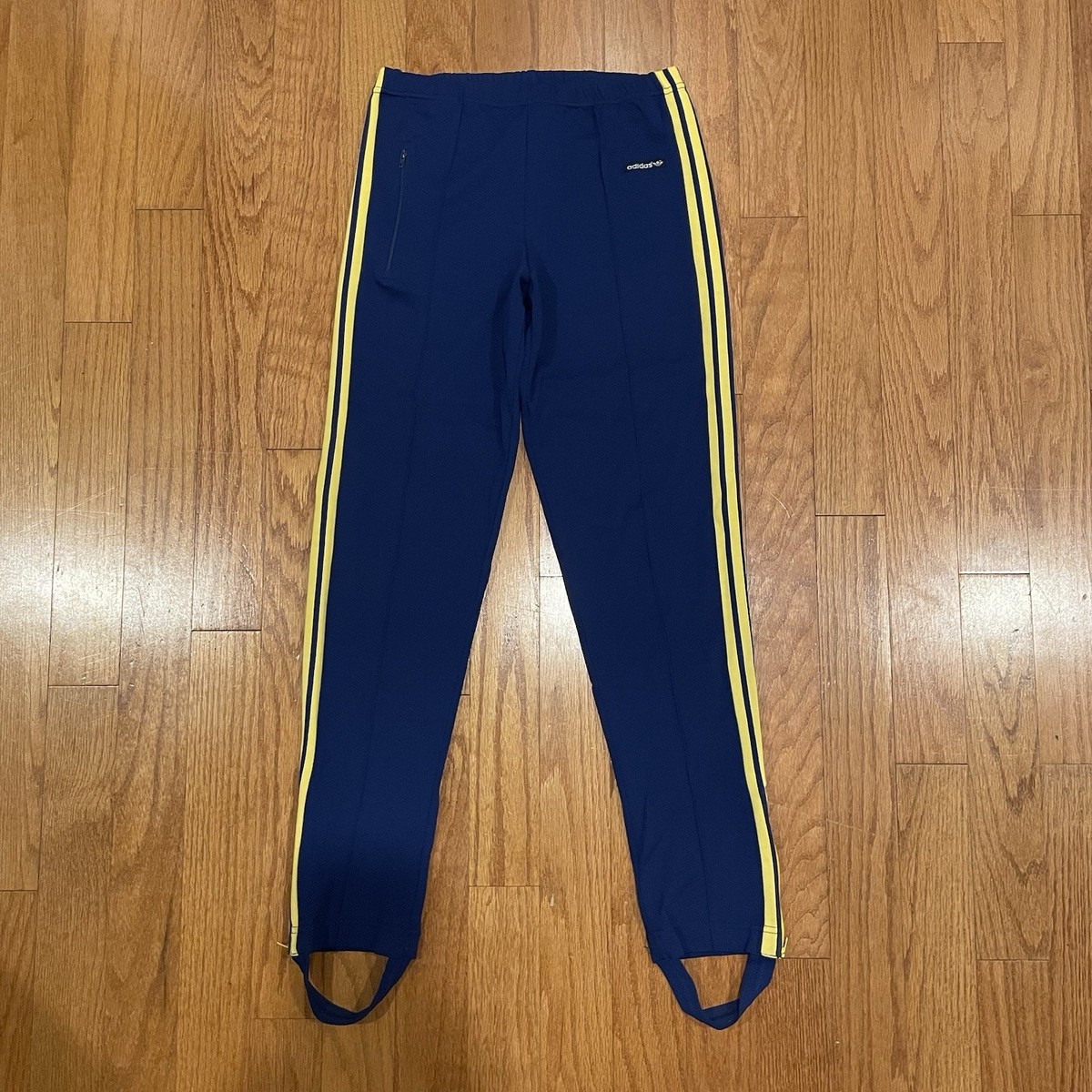 VTG Adidas Track Pants Creased w/ Stirrups Blue/Yellow 70's