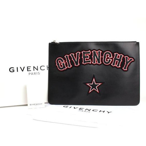 GIVENCHY Black Signature Leather Pouch Clutch Bag Star Box Auth