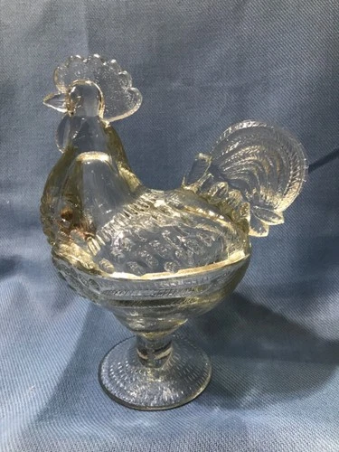 Vtg L.E. Smith Clear Glass Rooster Covered Candy Dish Chicken Depression Easter.