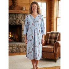The Vermont Country Store Flannel Nightgown Small Blue Cardinal Bird Portugal