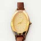 Vintage Timex Ladies Gold Tone Quartz Watch Oval Brown Band Needs Battery