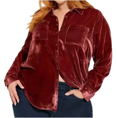 Torrid 3 Madison Velvet Button Up Shirt 3X Syrah Long Sleeve Top Blouse