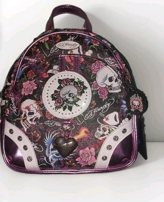 Ed Hardy Women's Backpack Rhinestone Skull Roses Flowers Burning Heart Charms - Photo 1/4