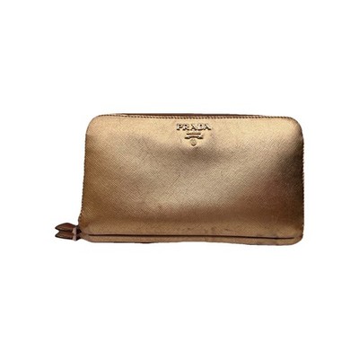 AUTHENTIC PRADA Saffiano Fiocco Zip-Around Long Wallet-Metallic GOLD rare EUC