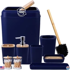 9-Piece Navy Blue Bathroom Accessory Set with Trash Can, Dispenser & More