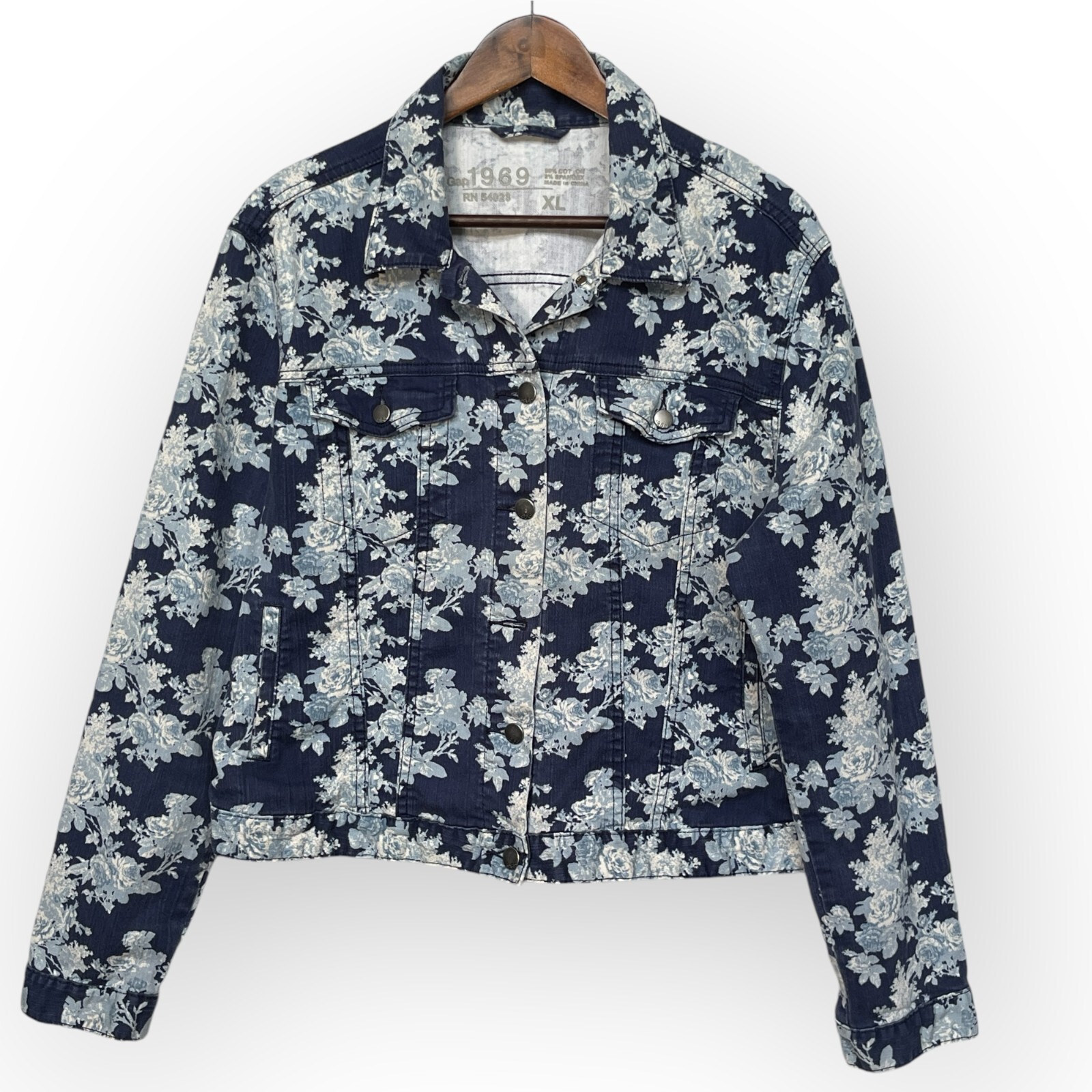 Gap 1969 Floral Denim Jacket Women Size XL Blue Flap Pockets Snap Button Front