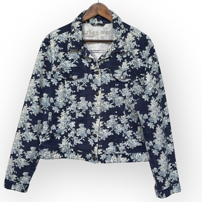 Gap 1969 Floral Denim Jacket Women Size XL Blue Flap Pockets Snap Button Front