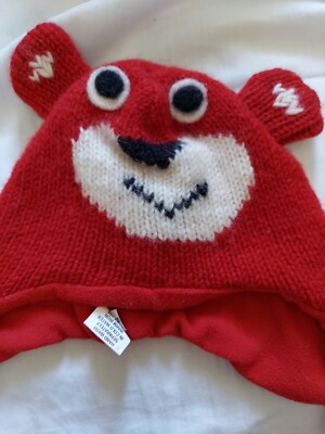 Small Child Knit Hat Beanie Red Bear Wool Made In Nepal