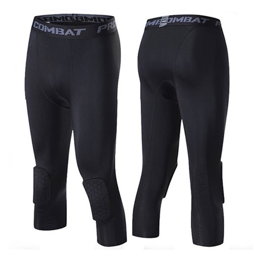 Men's Basketball Sports Tight Pants ¾ Compression Workout Leggings w/Knee Pads/ - Picture 6 of 14