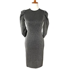 Halston Heritage Black Silver Metallic Puff Sleeve Knit Sheath Dress Size 0