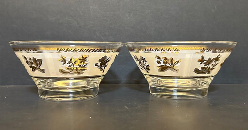 Set (2) Vntg Libbey Starlyte Frosted Band Gold Leaf Condiment Glass Dessert Bowl - Picture 2 of 8