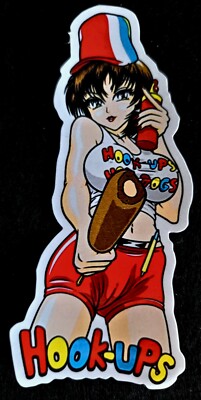 HOOK UPS STICKER VINTAGE ''HOT DOG ON A STICK'' 1/4 X 5 1/4'' GLOSSY 