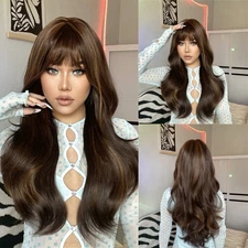 Cosplay Party Wig With Bangs Mixed Brown Long Wavy Synthetic Hair