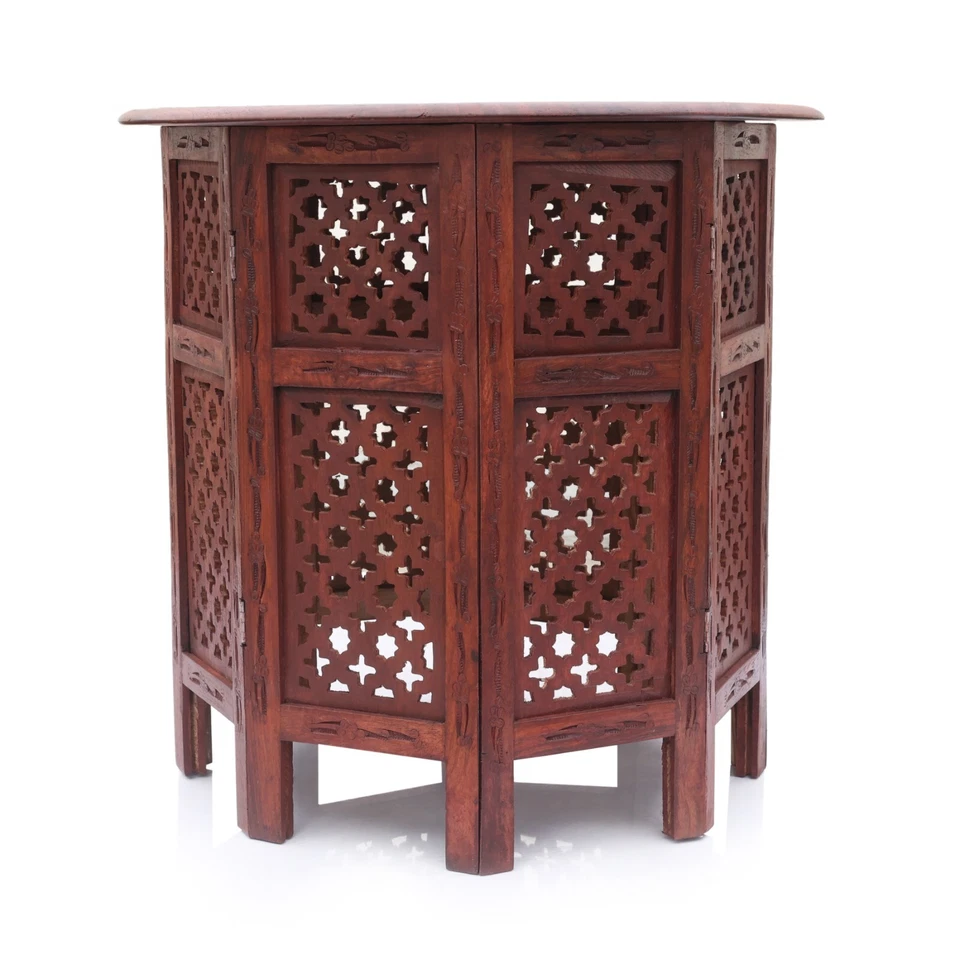 Indian Handcarved 18 Inch Wooden Side/End Table with Brass Inlay on Floral Motif - Image 3 of 4