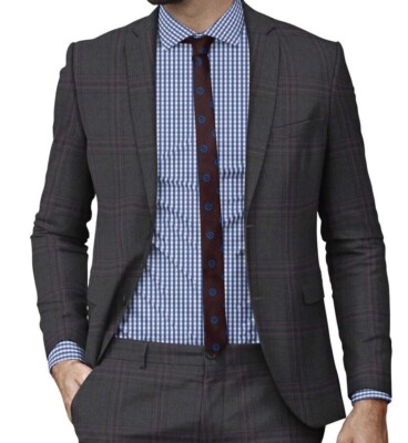 Men's Gray Suit Box Check Casual Wedding custom made Wool suits
