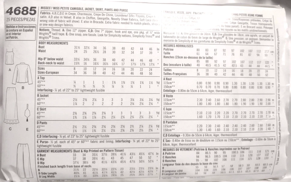 Simplicity 4685 Size 16-24 Sewing Pattern UNCUT Jacket Purse Skirt Pant Camisole - Image 2 of 4