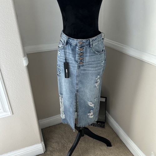 NWT SEXY Fashion Nova Ezra Distressed 💯 Cotton Midi Denim Jean Pencil Skirt M - Picture 4 of 12