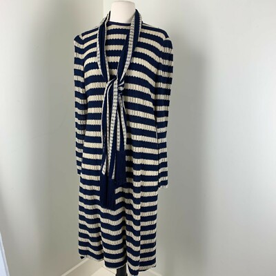 Vintage 70s Adele Simpson Striped Knit Dress L Navy Blue Fully Lined Neck Scarf