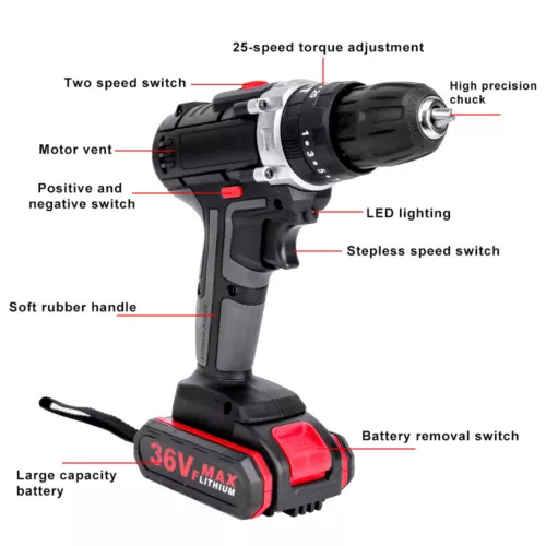 36V 2-Speed Electric Cordless Drill Screwdriver Hammer Impact w/ 2 Battery Kits - Picture 8 of 14