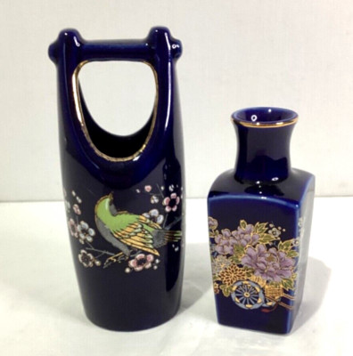 Blue Ceramic Miniature vases Set of Two Floral Decor