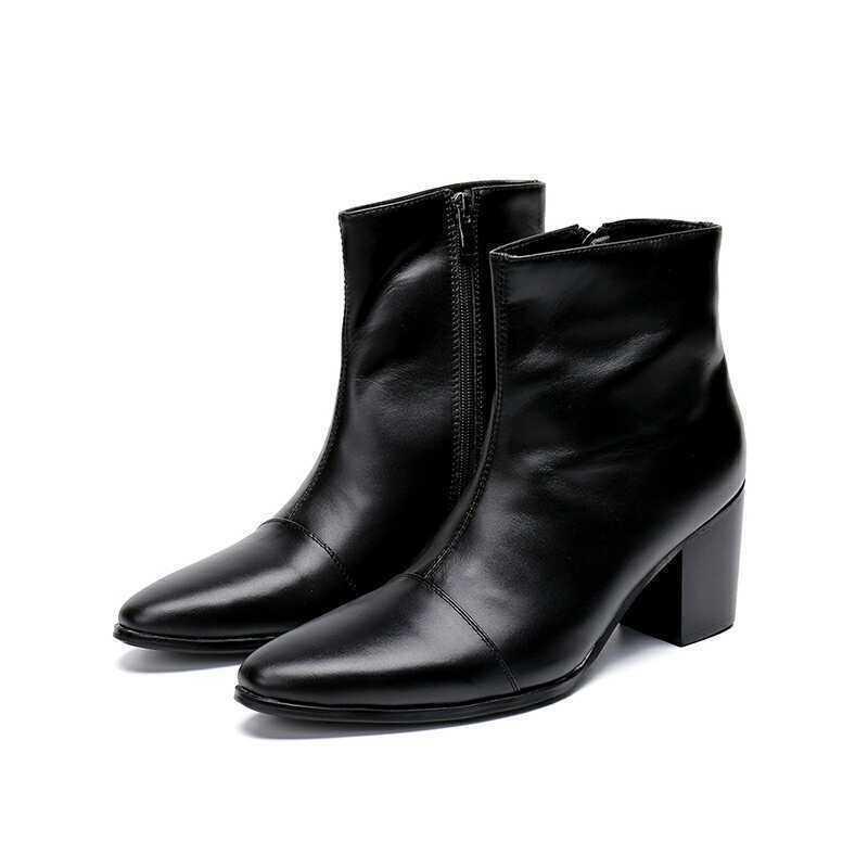 Mens Zip Pointed Cuban Heel Leather Chelsea boots Ankle Boots High Top Shoes