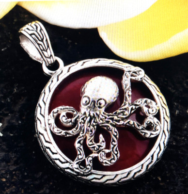 BALI LEGACY  Natural Red Sponge Coral Octopus Pendant in 925 Sterling Silver