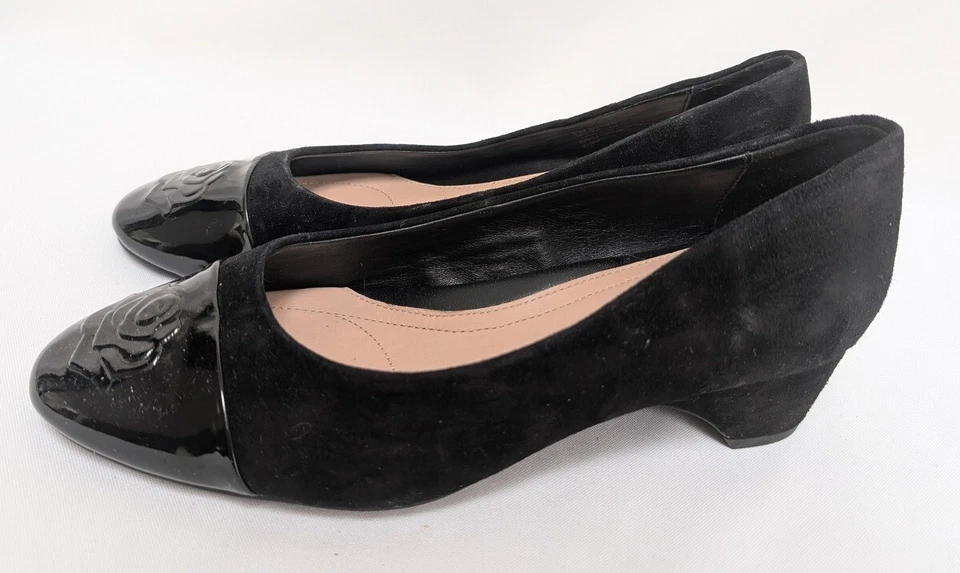 Zapatos de salón de cuña Taryn Rose Babe Sheep Nap de cuero gamuza negro punta rosa talla 8,5 B Foto 2 de 4