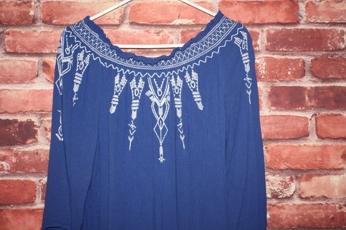 Terre Bleue Womens Shirt Blue & White Embroidered Peasant Blouse Top Size L - Picture 2 of 5