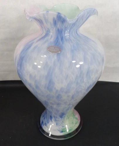 Vintage MURANO 13” Vase Pink Blue Green Speckled Ruffle Edge Made In Italy