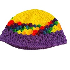 Crocheted Handmade Adult Beanie Hat Purple Rainbow Colorful Pattern 10"x6.5  