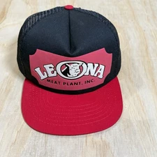 Vintage Leona Meat Plant Mesh Back Trucker SnapBack Hat Cap Black Red Rare USA