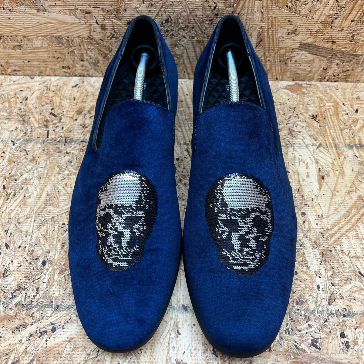 INC International Concepts Nova Velvet Loafer Slipper Shoes Skull Embellished Skull & Crossbones Navy Velvet | Crockett & Jones – Crockett  main image 3