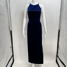 Vtg Bari Jay Evening Gown Formal Midnight Blue Velvel Dress Rhinestone Size 7-8