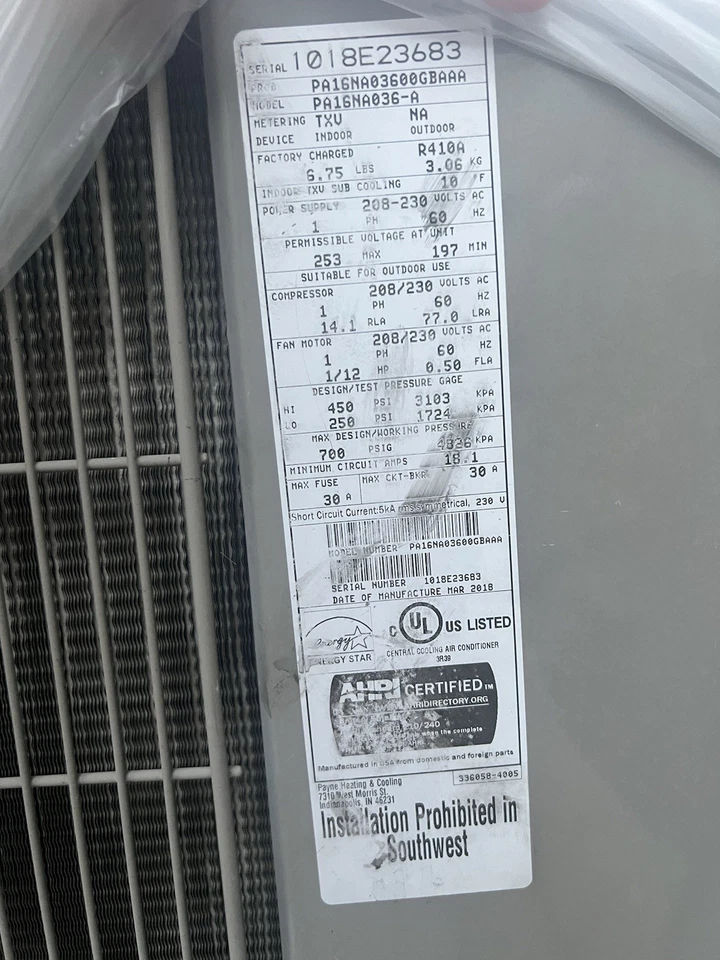 Aire acondicionado central Payne PA16NA036-A Foto 2 de 3