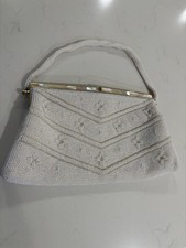 Vintage White Beaded Purse Mother Of Pearl Clasp Evening Bag Made In Japan