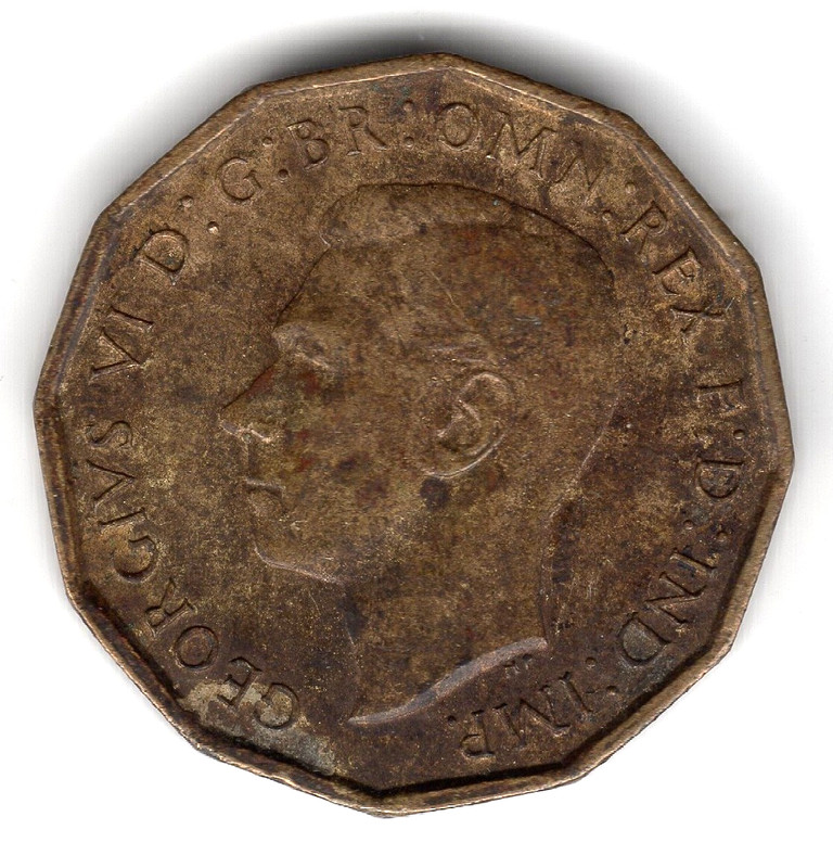 1940 Georgivs VI D:G:BR:OMN:REX F:D:IND:IMP Three Pence coin