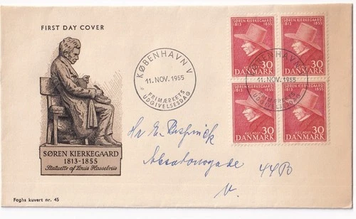 STAMP DENMARK  "KIERKEGAARD" 30 ORE 1955 FIRST DAY COVER BLOCK OF 4