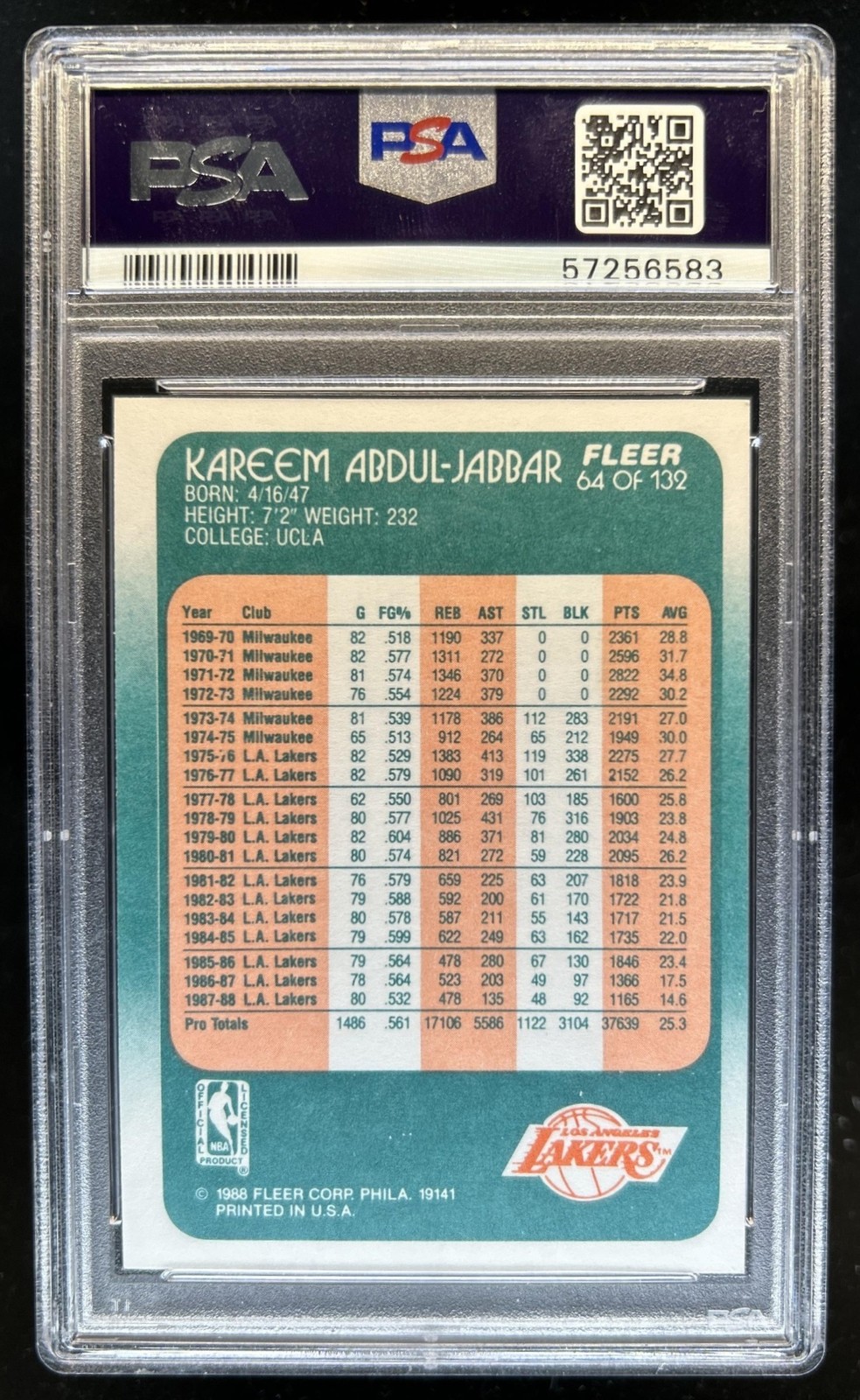 1988-89 Fleer Kareem Abdul-Jabbar #64 Lakers PSA 9 view 2