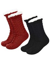 2 Pairs Women's Winter Fuzzy Slipper Socks with Grippers Medium Black and Red