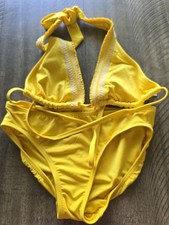 Draper James Land's End Yellow Halter Bikini Set with White Stripe Detail XS 2