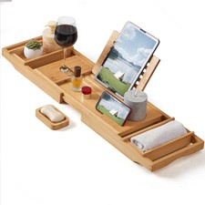 Bamboo Bathtub Caddy Tray - Expandable to 41 Inches with Book Stand