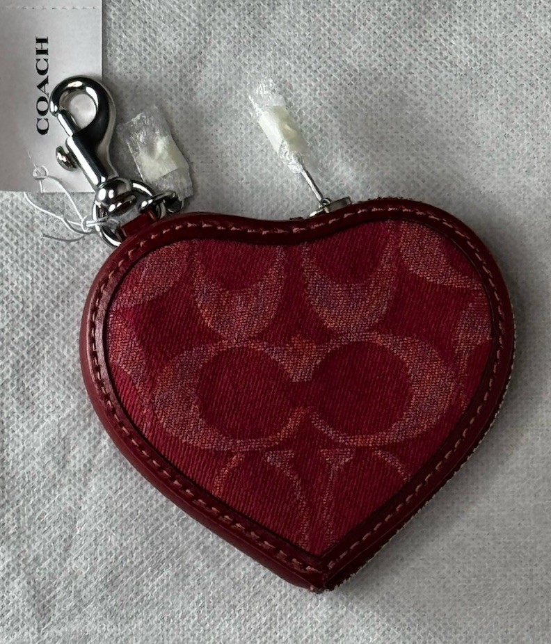 NWT Coach Heart Bag Charm in Signature Denim CDC91 Silver Red Denim/ Leather thumbnail 3