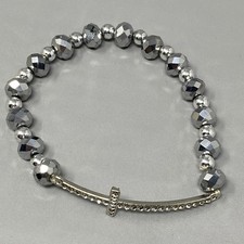 Silver Metallic Glass Beaded Bracelet Rhinestone Cross Stretch Elastic Shiny 7"