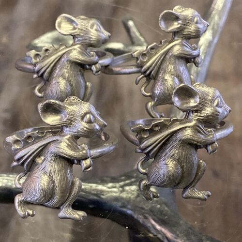 (4) Vintage Pewter Mouse Cheese Sack Napkin Rings Holders Lot CD Mice - Picture 1 of 5