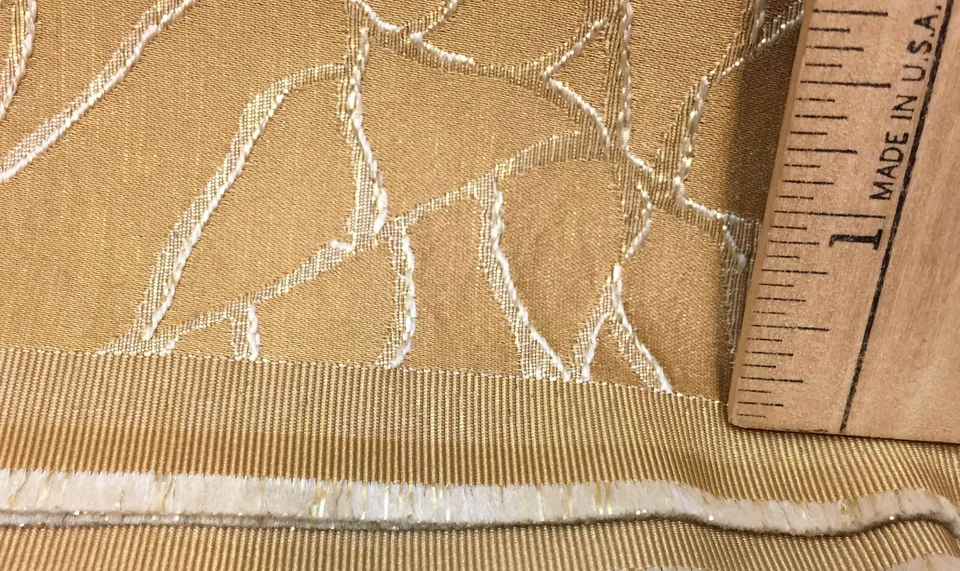 Fabric Gold Silk Like Embroidered Metallic Thread Leaf Plant Heavy Upholstery - Image 3 of 3